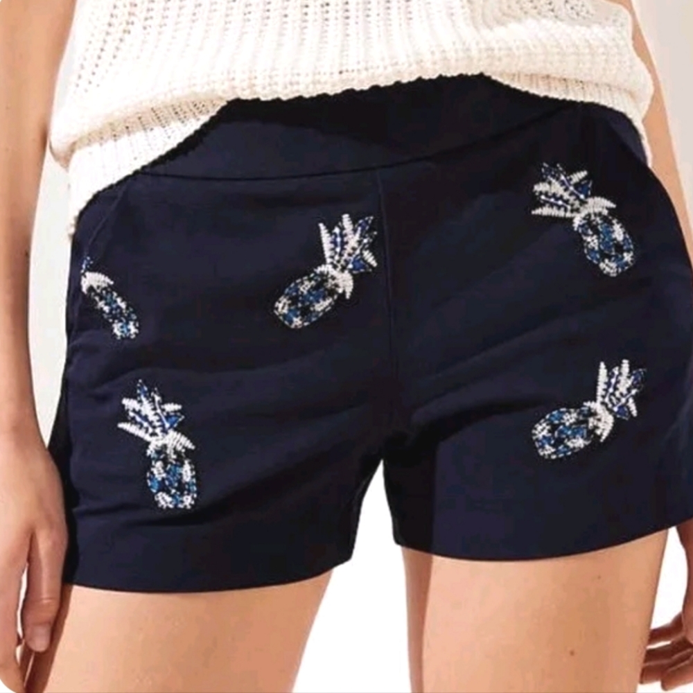 LOFT, navy blue  pineapple embroidered beaded sequins shorts women's size 6